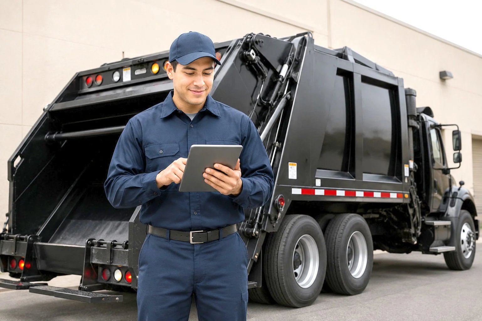 A commercial waste collection driver standing beside a Windy City Waste truck.