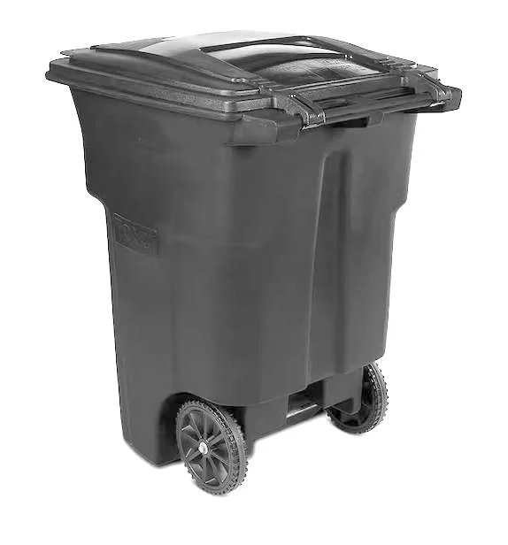 A gray 96-gallon wheeled commercial waste cart.