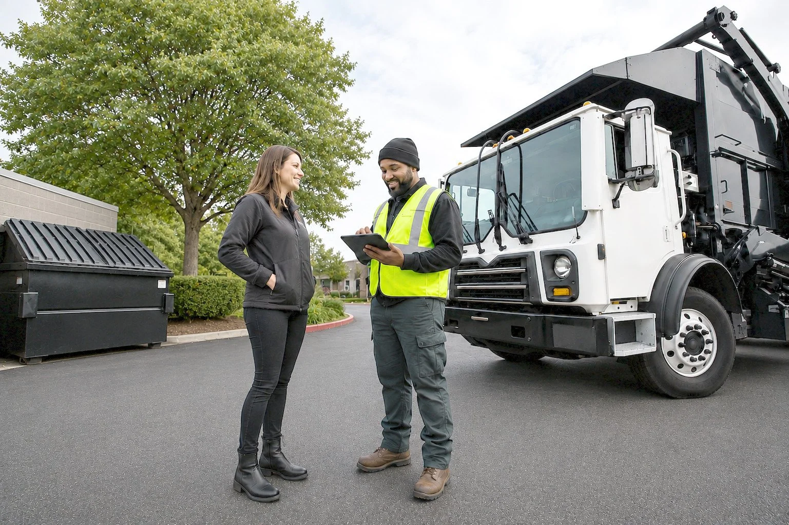 A property representative reviewing service information beside a commercial waste collection truck.